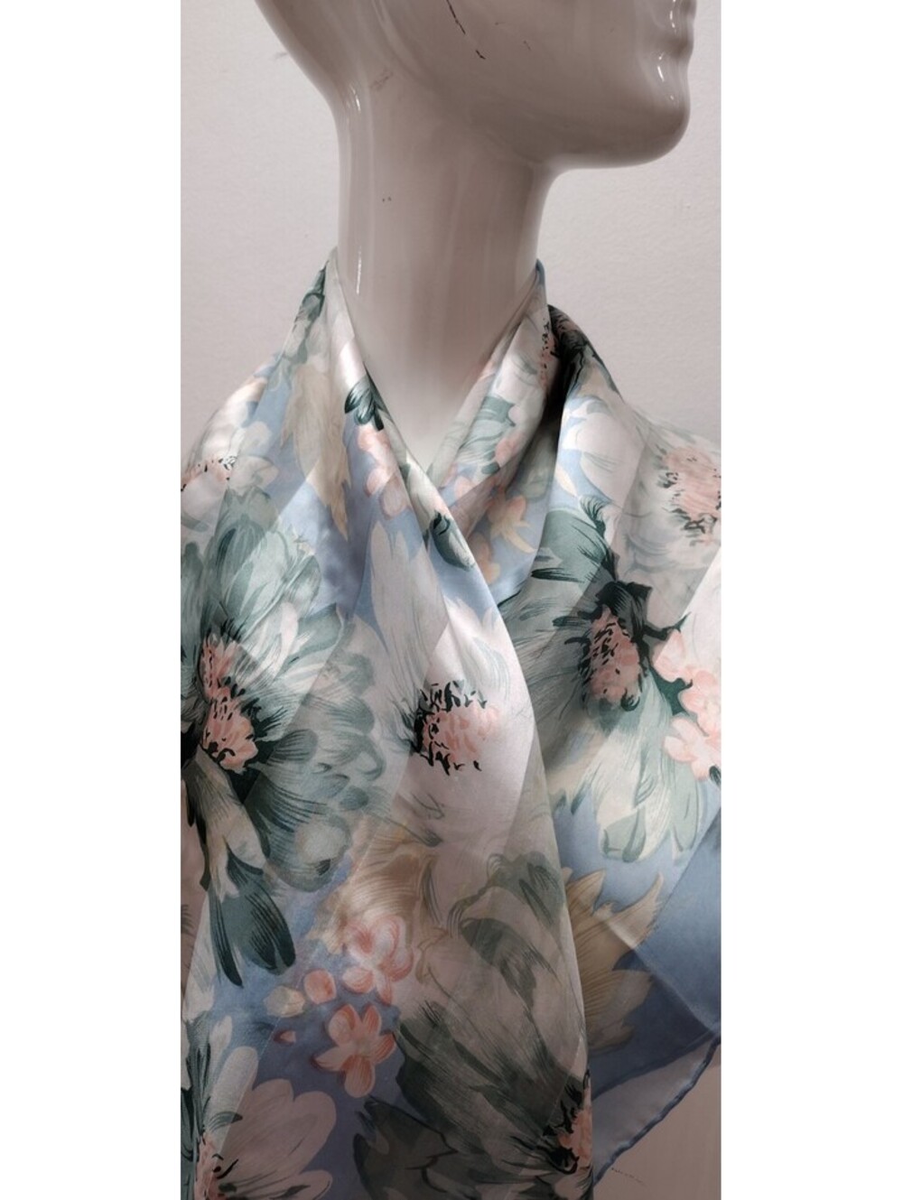 Vintage Baby Blue Satin Sheer Chiffon Scarf 100% Chinese Fine Silk Pastel Floral